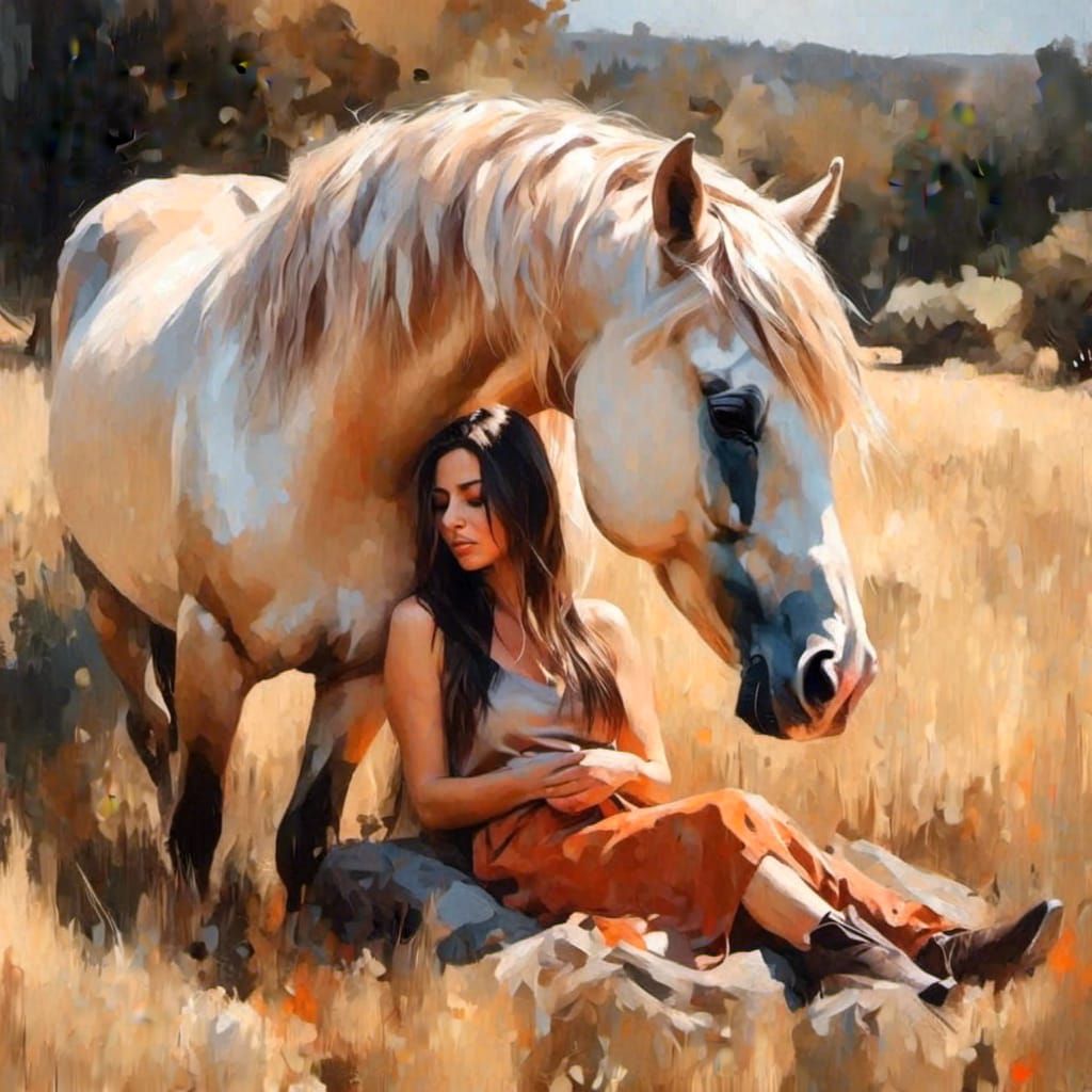Cowgirl and Horse Asleep: Oil Painting in Shade