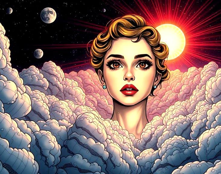 Radiant Comic Portrait of Woman in Starry Sky