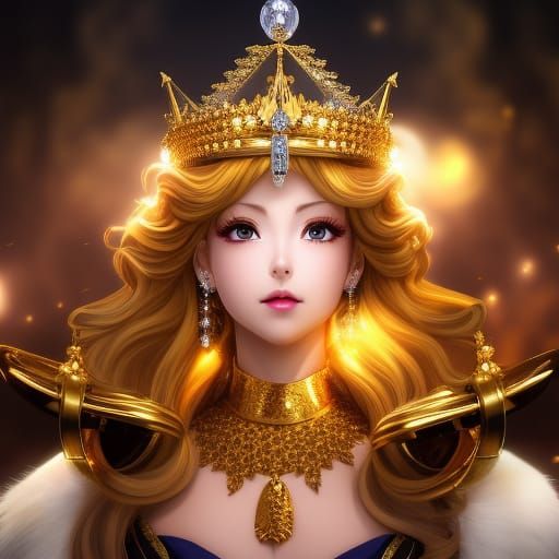 Anime Queen with Golden Crown: Detailed Portrait