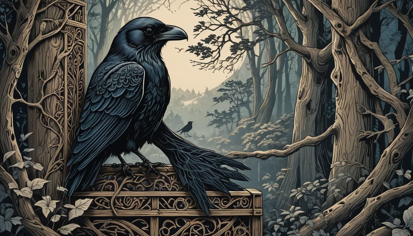 Black Crow in Mystical Norse Engraving Style