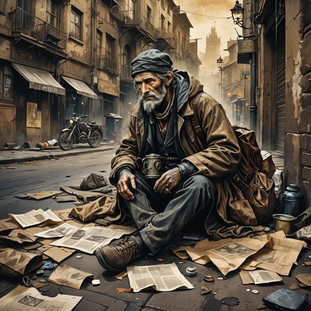 Homeless Man in Steampunk Ink Painting