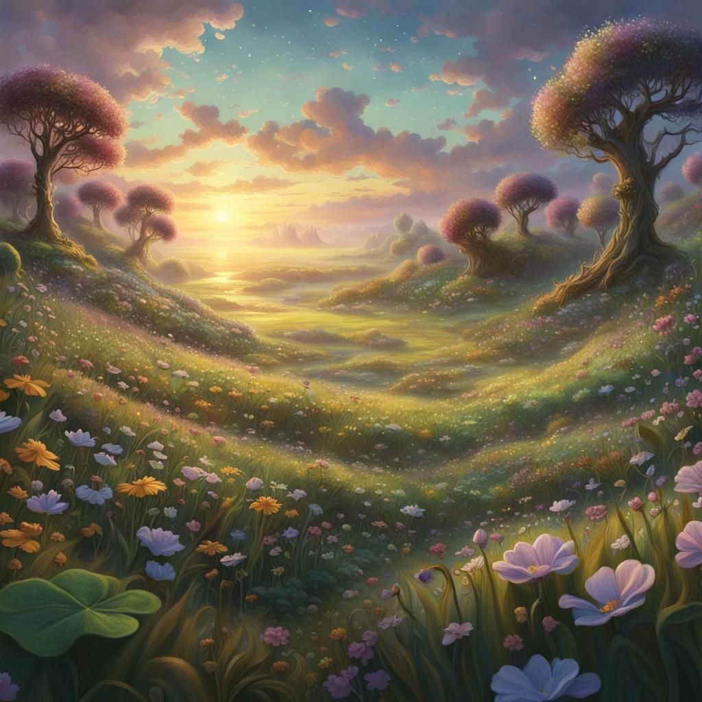 Shamrock Meadow in Morning Light, Detailed Digital Painting