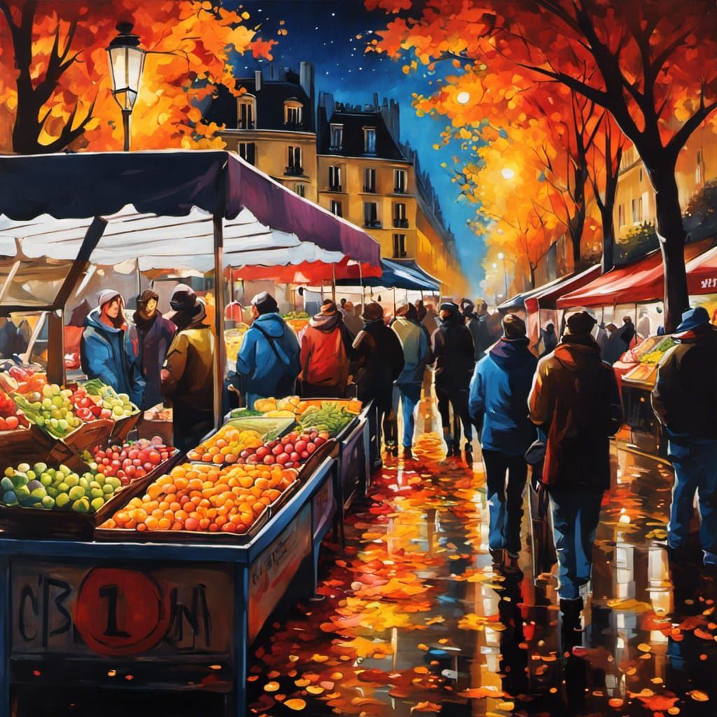 Vibrant Parisian Night Market in Impasto Street Art Style