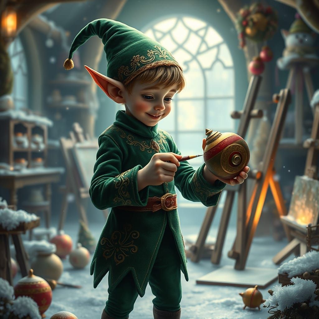 Whimsical Christmas Elf Creates Delicate Toy in Enchanted Wo...