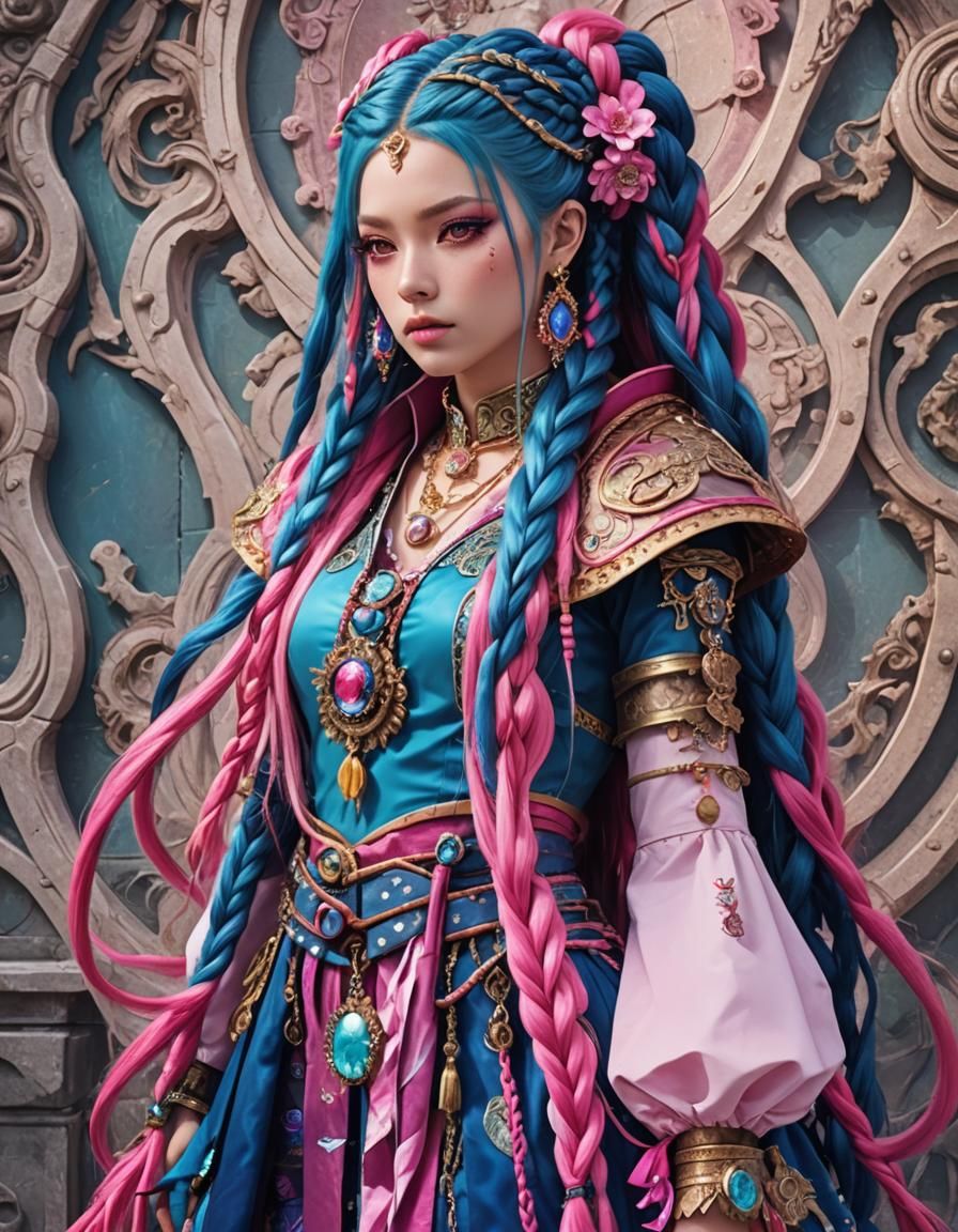 Anime Woman with Braids and Fantasy Clothing
