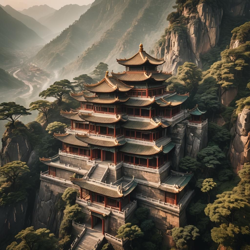 Majestic Chinese Temple in Misty Mountains