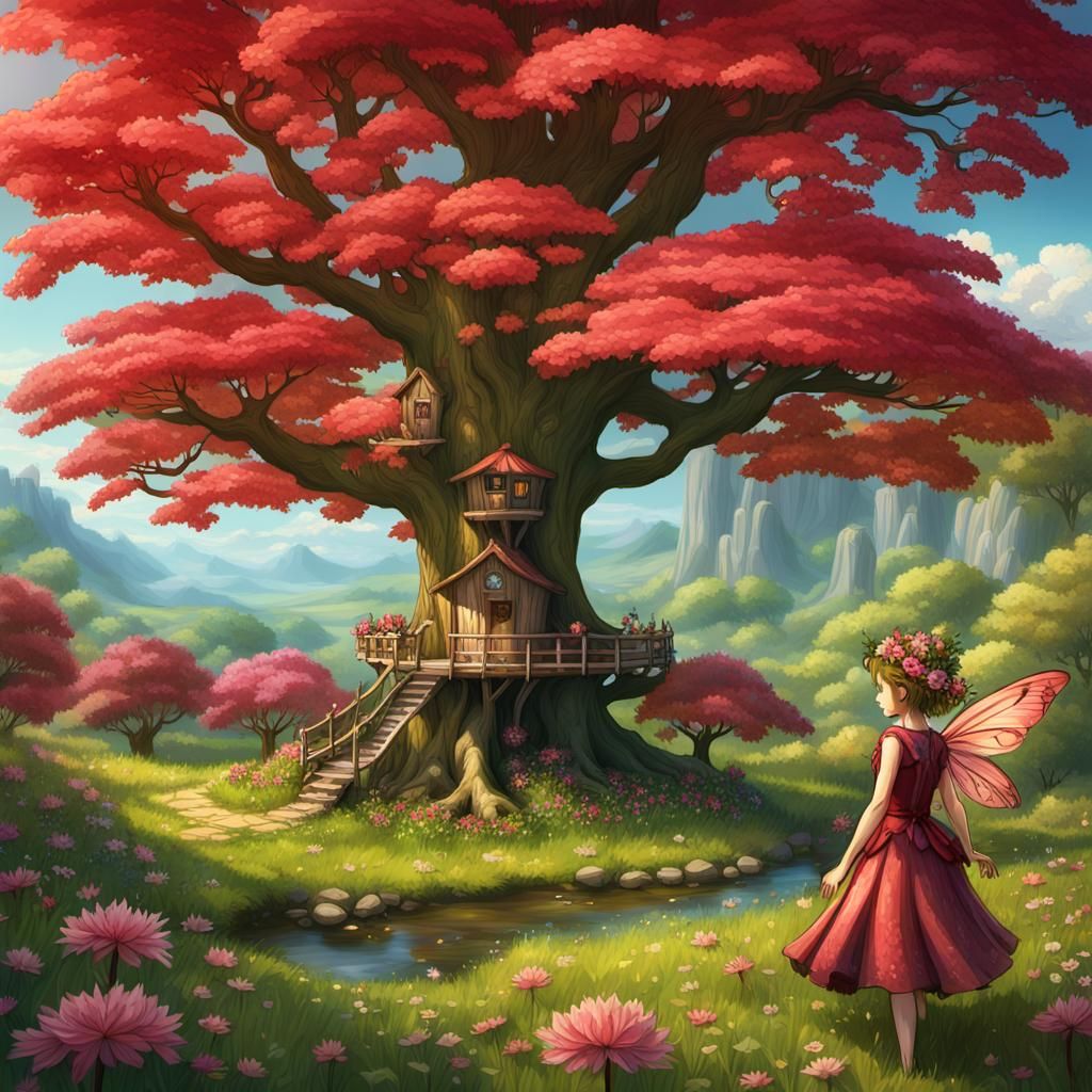 Flower fairy's playing all around a majestic large red maple tree with a flower fairy's treehouse, growing far out in a ...