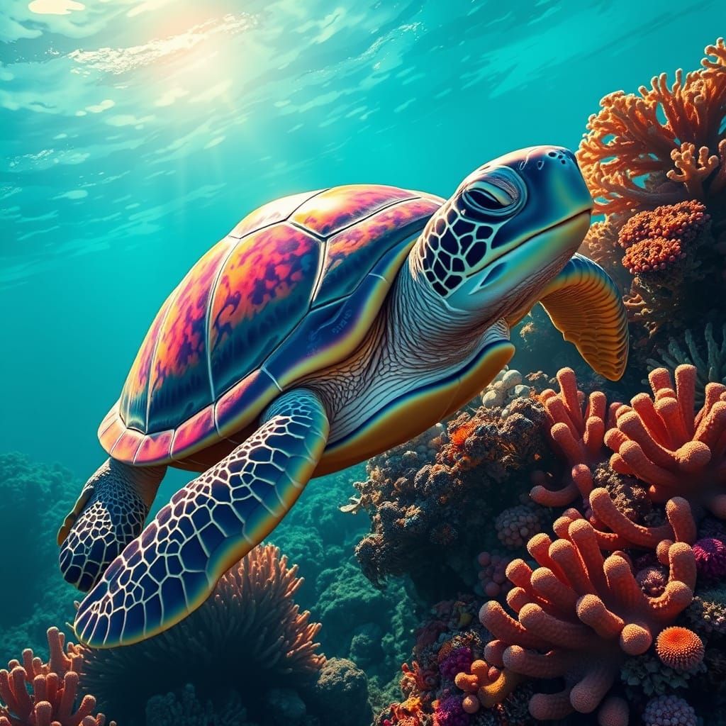 Sea Turtle Swimming in Coral Reef: Digital Art