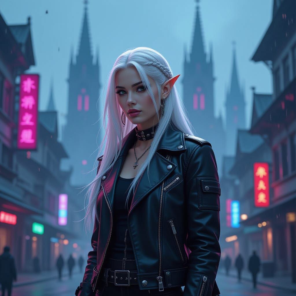 Cyberpunk Elf in a Medieval City