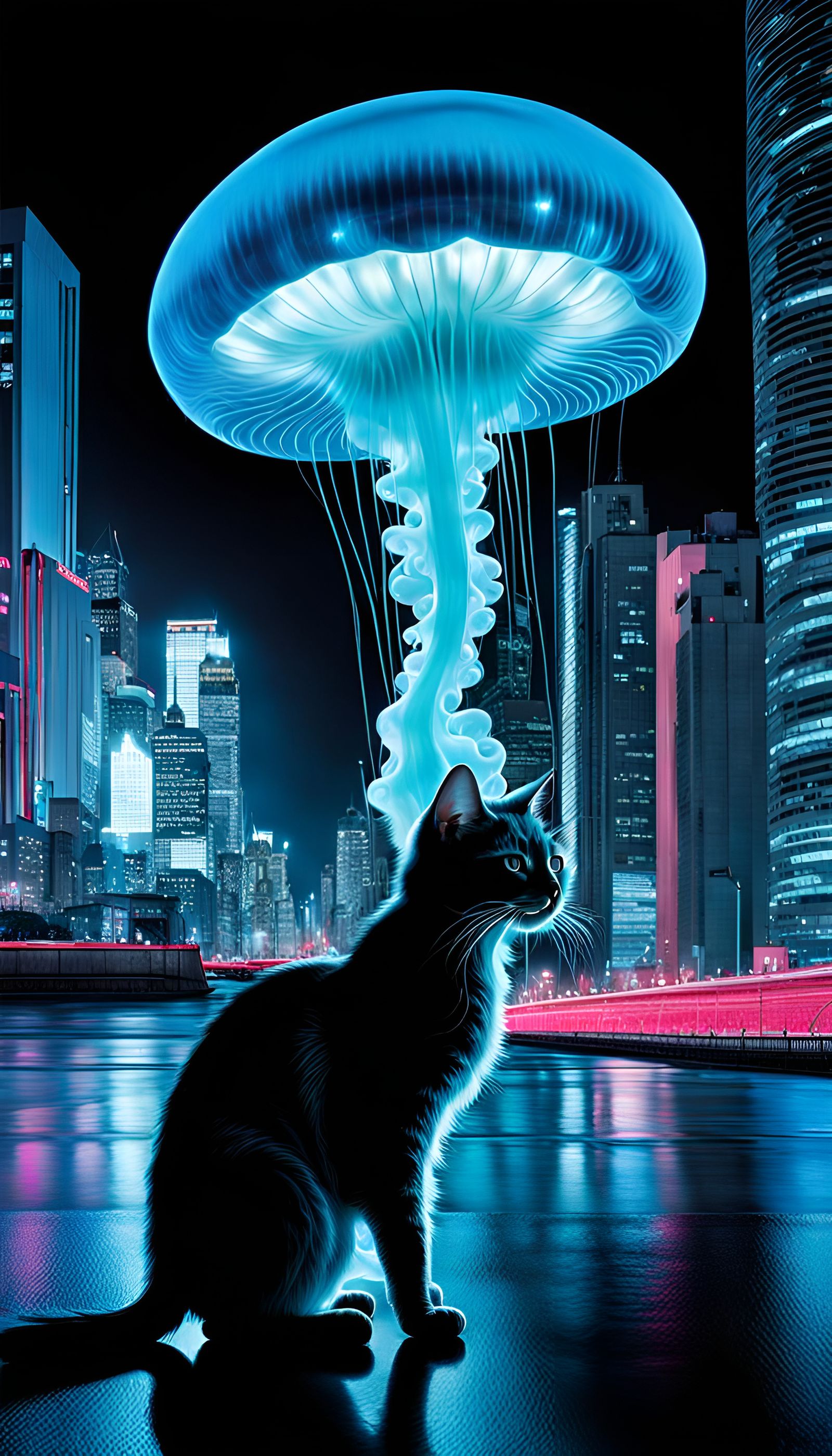 Bioluminescent Kitten and Jellyfish in Cityscape