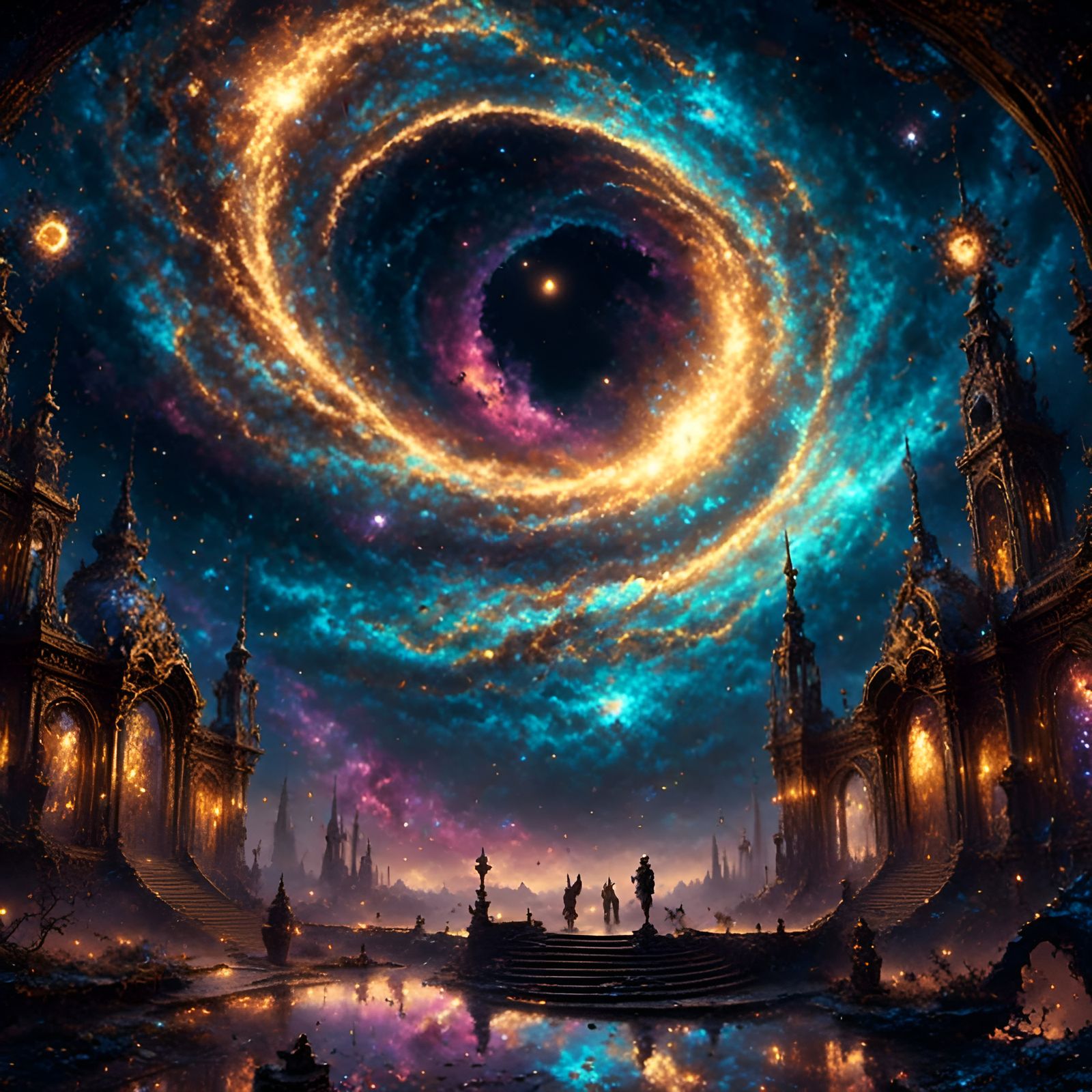 Fantasy Landscape with Galaxy Portal in Art Nouveau Style