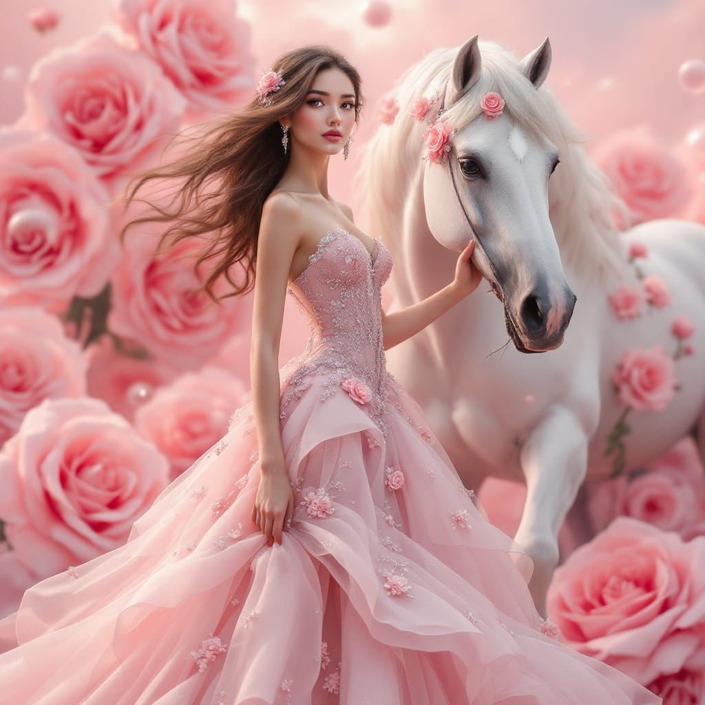 Elegant Woman with White Horse in Luxury Gown