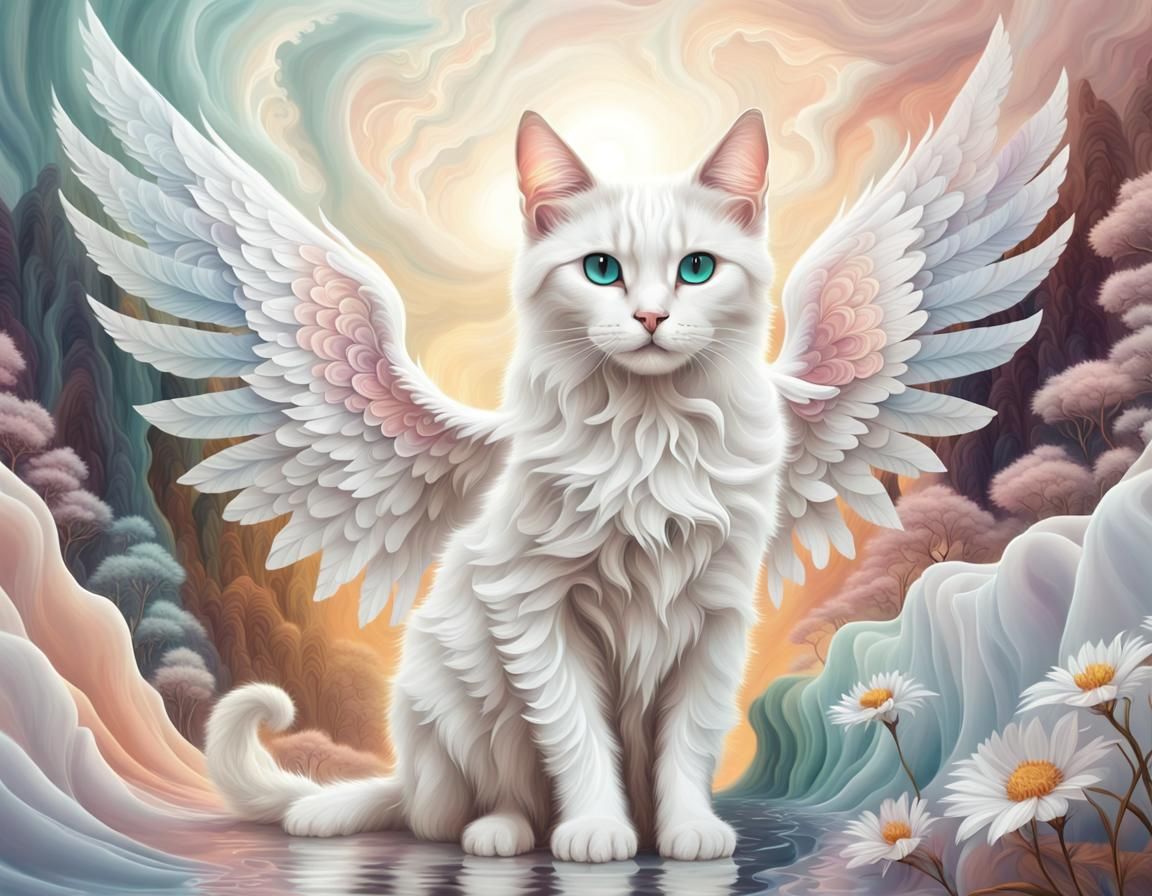 Angel Cat with Ethereal Wings in Pastel Landscape
