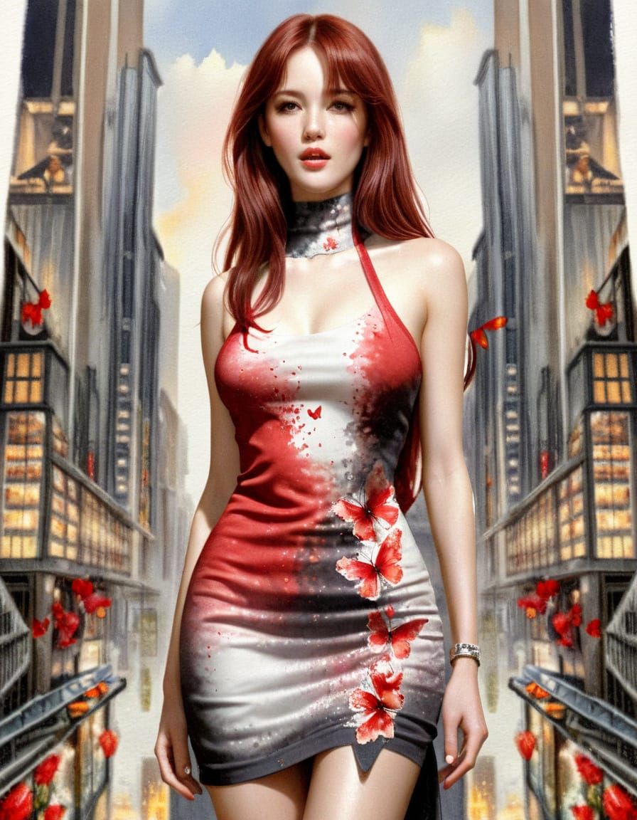 Woman in Butterfly City: Watercolour Splash Art