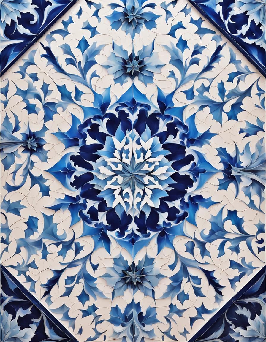 Blue Ebru Art with Iznik Tile Patterns