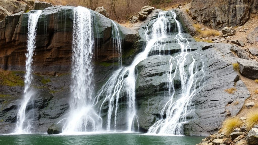 Waterfall Cascades Over Rocky Cliffs