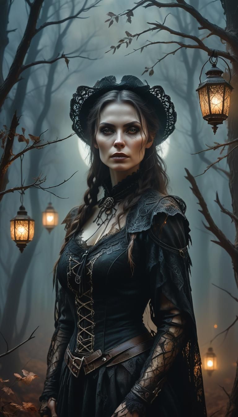 Dark fantasy portrait. Close-up. A Gothic cowgirl, bathed in...
