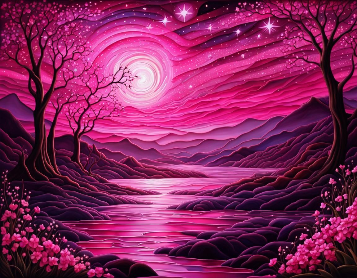 Pink Stained Glass Landscape Under Starry Sky