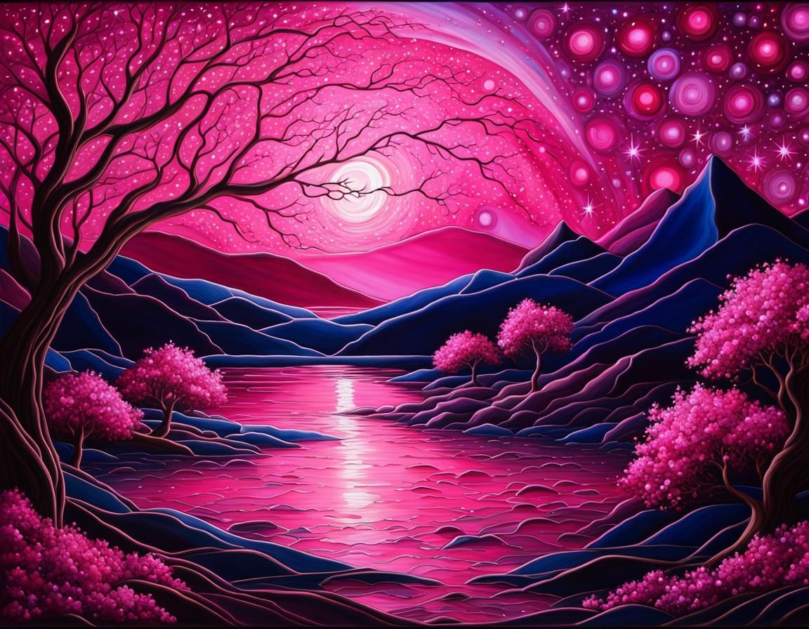 Pink Stained Glass Landscape Under Starry Sky