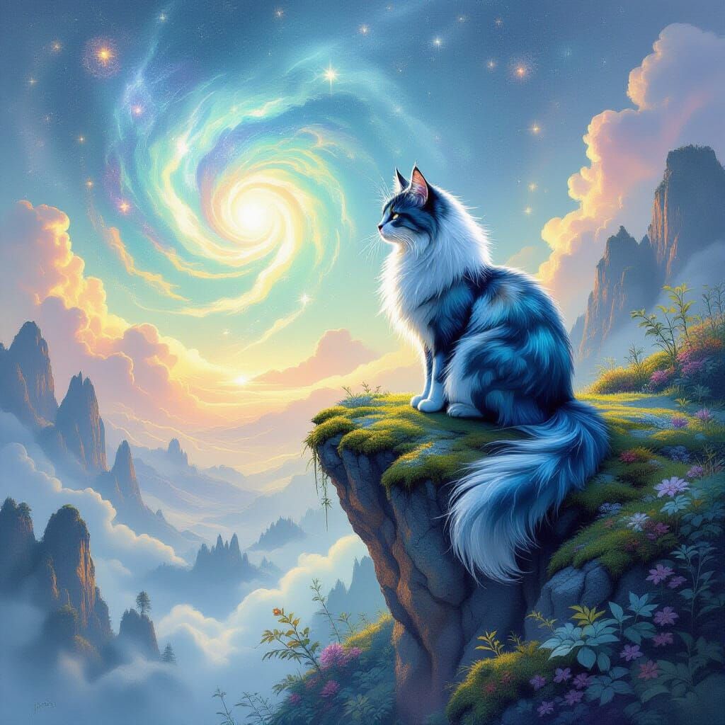 Nebula Cat on Alien Cliffside in Watercolor Style