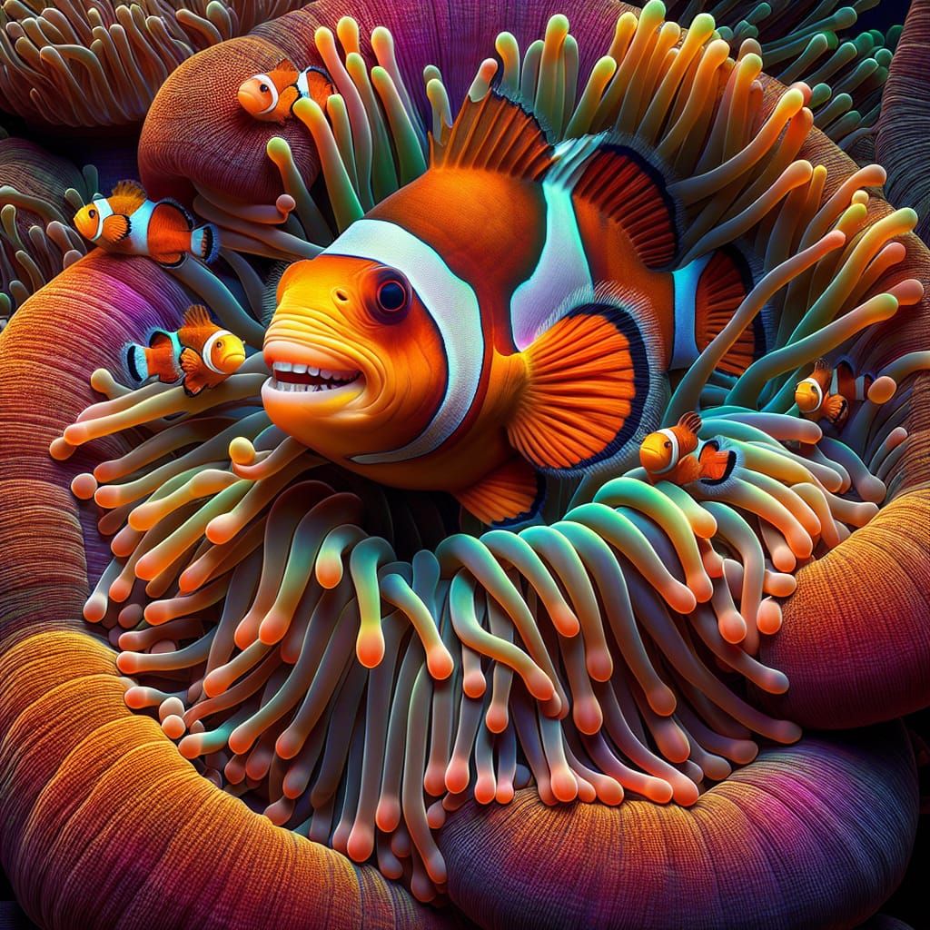 Oversized Female Clownfish in Vibrant Rainbow Sea Anemone