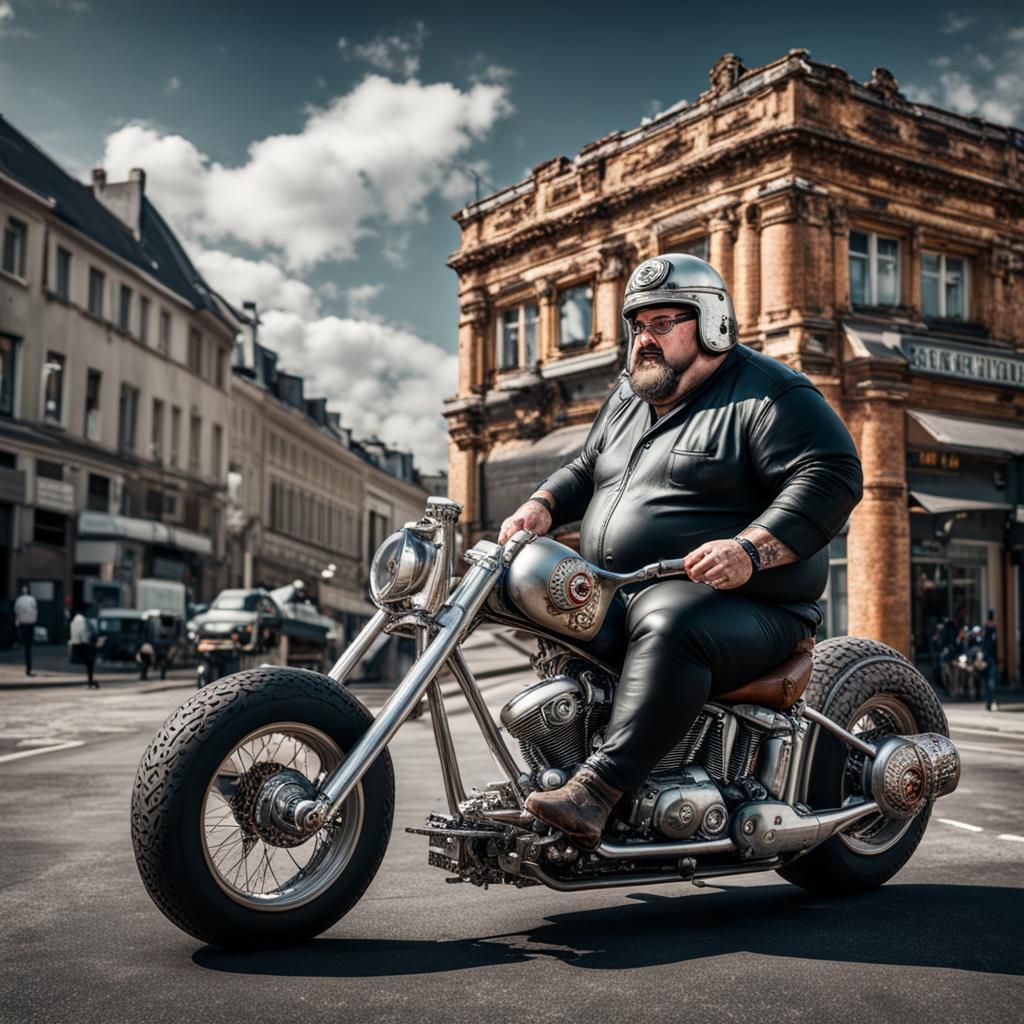 Hyperrealistic Fat Man on Chopper Eating Donuts