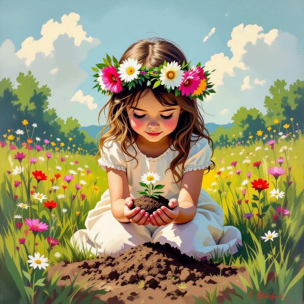 Girl with Flower in Earth, Banksy-Inspired Art