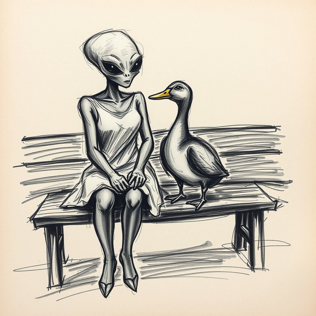 Alien and Duck: Expressive Charcoal Bench Scene