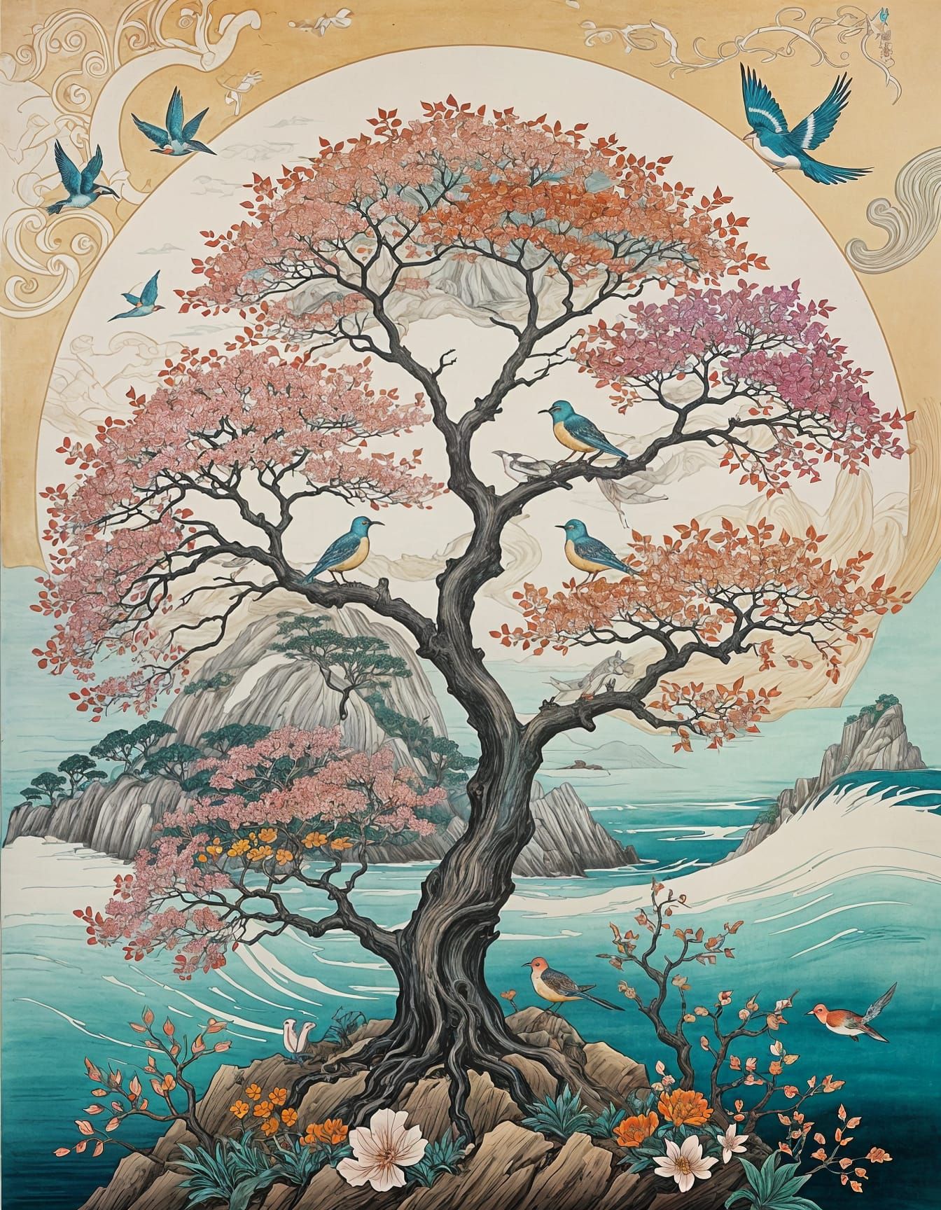 Ethereal Korean Tree Surrounded by Vibrant Birds in Art Nouv...