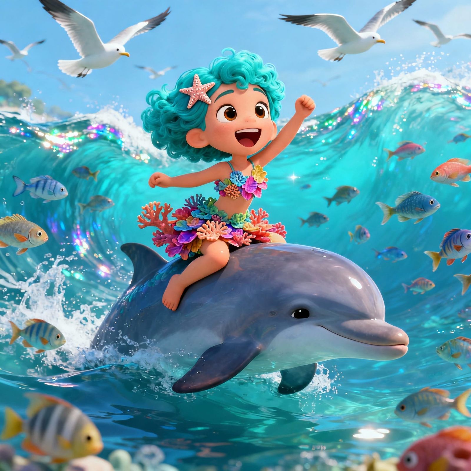 Playful Nereid Doris Rides Dolphin in Disney 3D Style