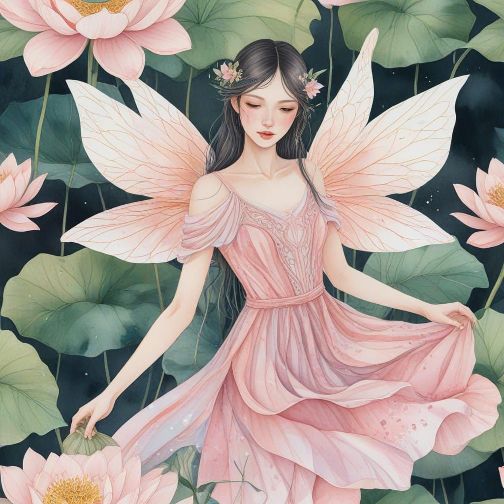 Ethereal Fairy Blooms Lotus Flowers in Vibrant Meadow Scene