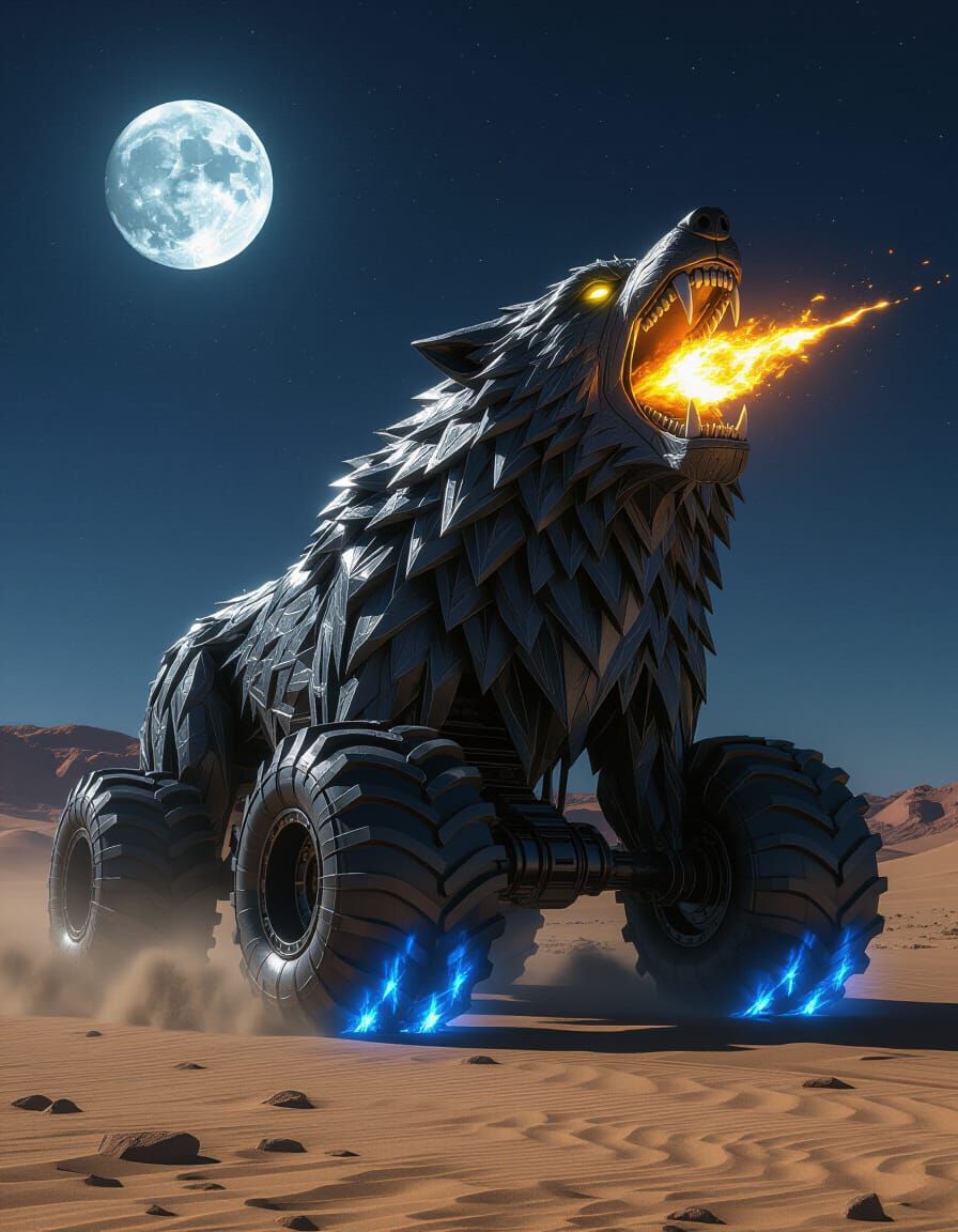 Steel Wolf Sculpture Car Howling at Moonlit Desert