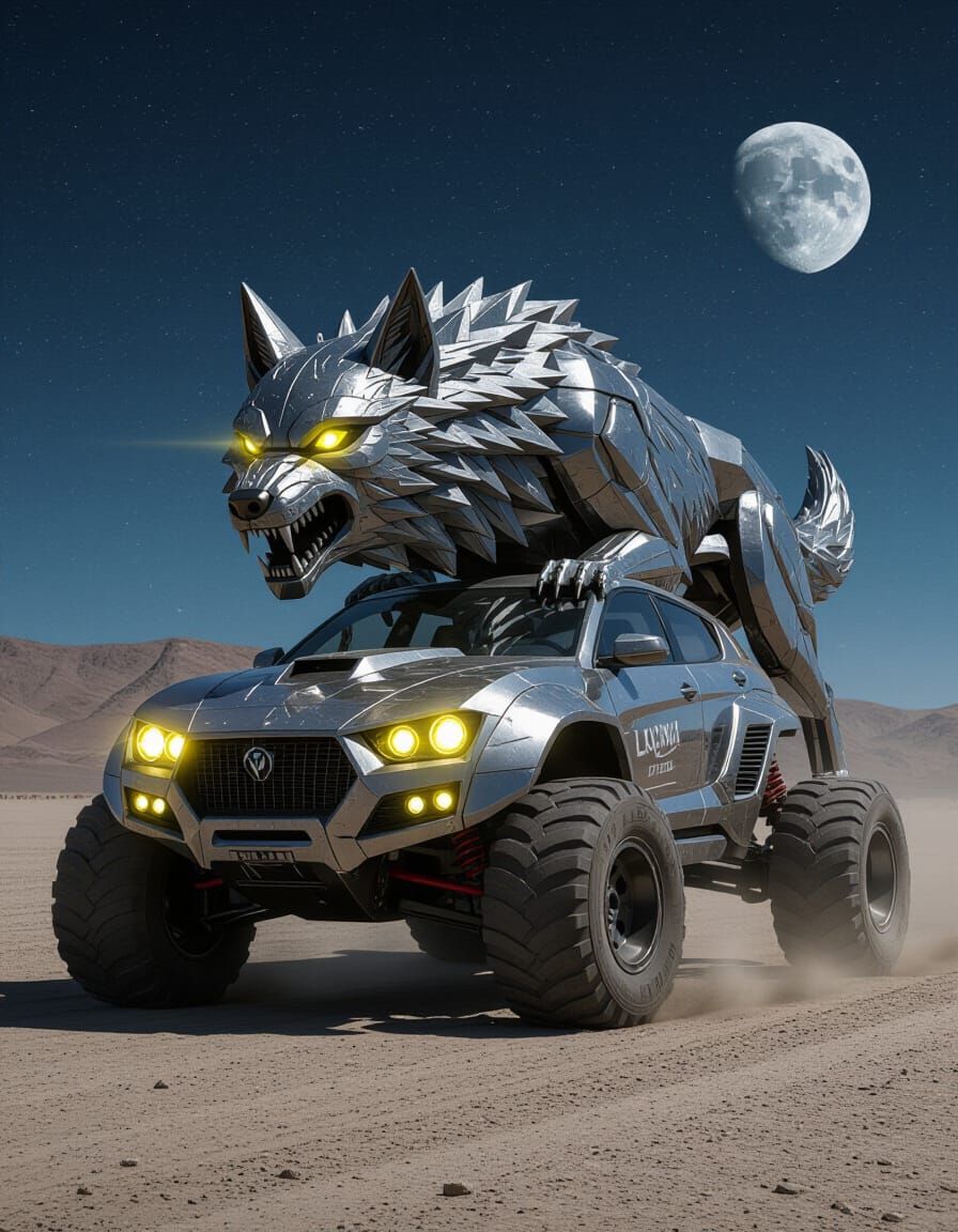 Monstrous Wolf Car Drives Across Moonlit Desert