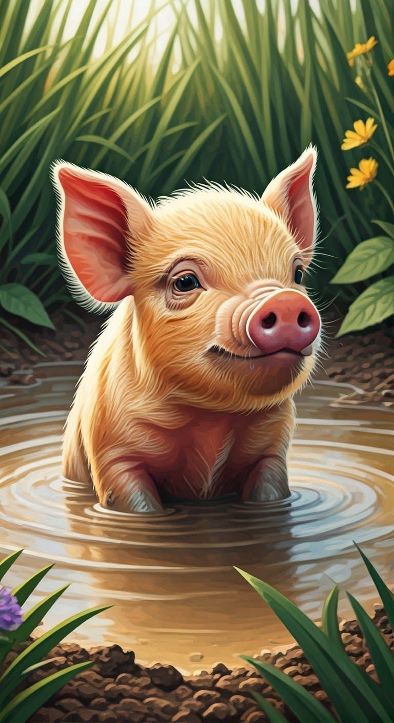 Whimsical Baby Piglet in a Lush Green Landscape
