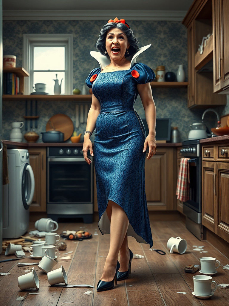 Angry Snow White Shouts in Elegant Blue Dress in Modern Kitc...