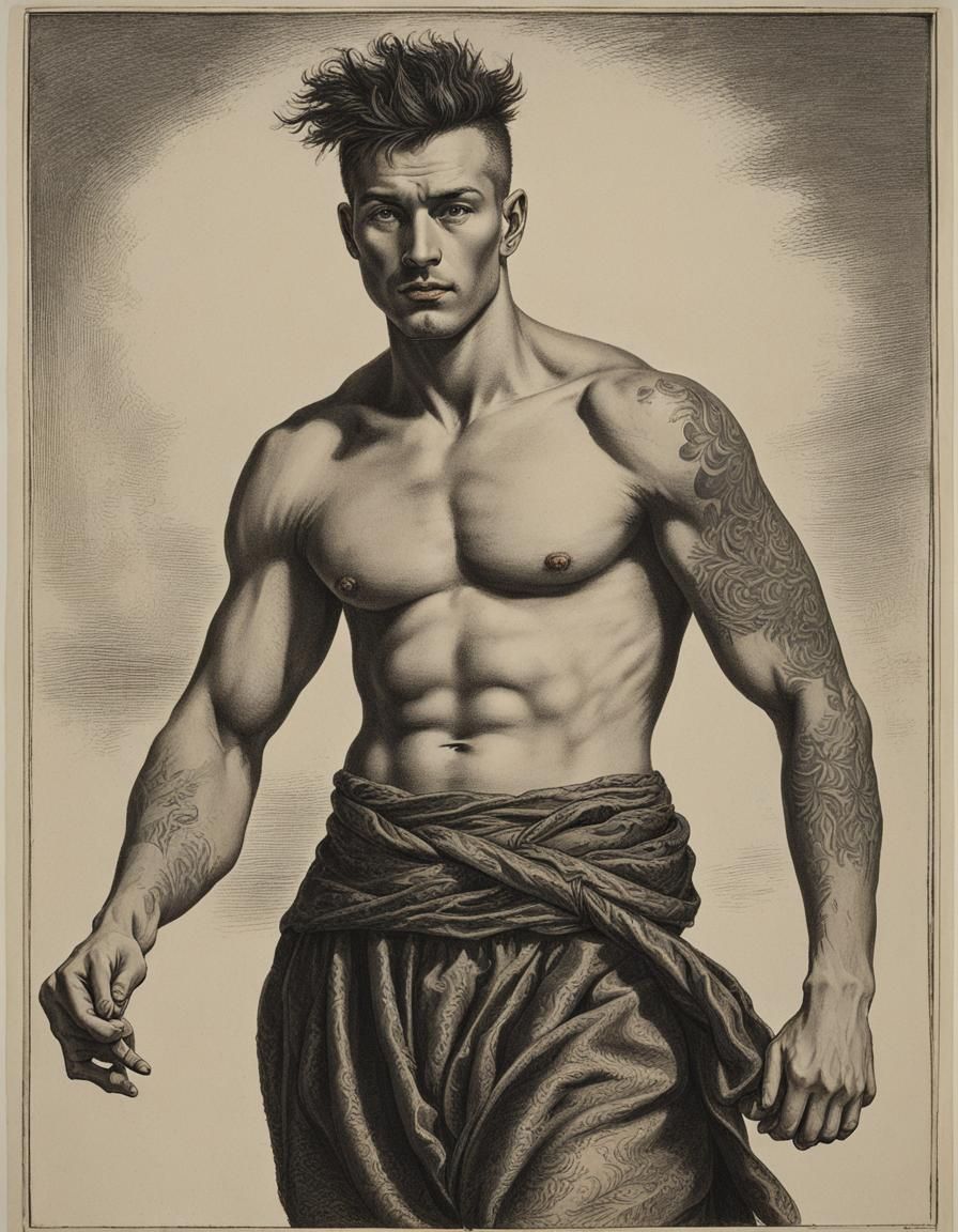Chiseled Irish Punk Boxer in Woodcut Print Style