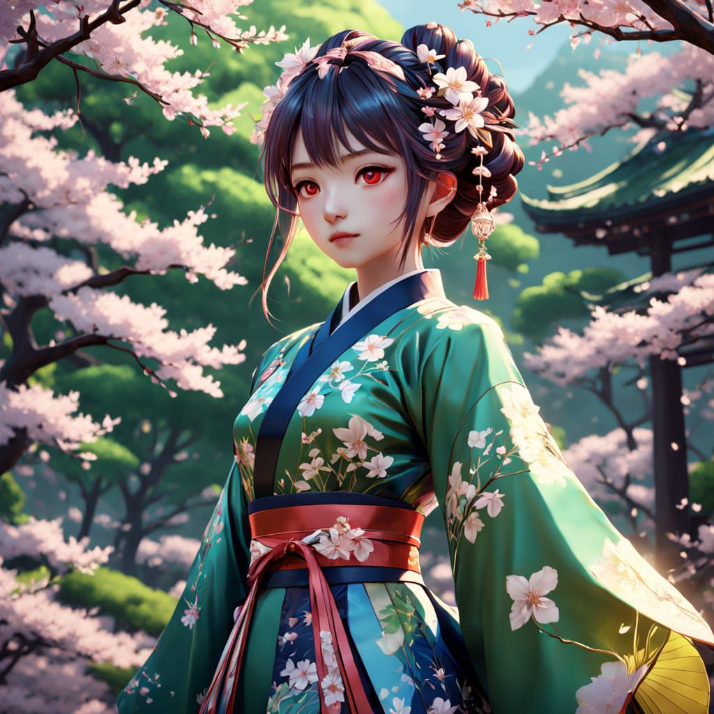 Intricately Dressed Woman in Vibrant 3D Anime Art
