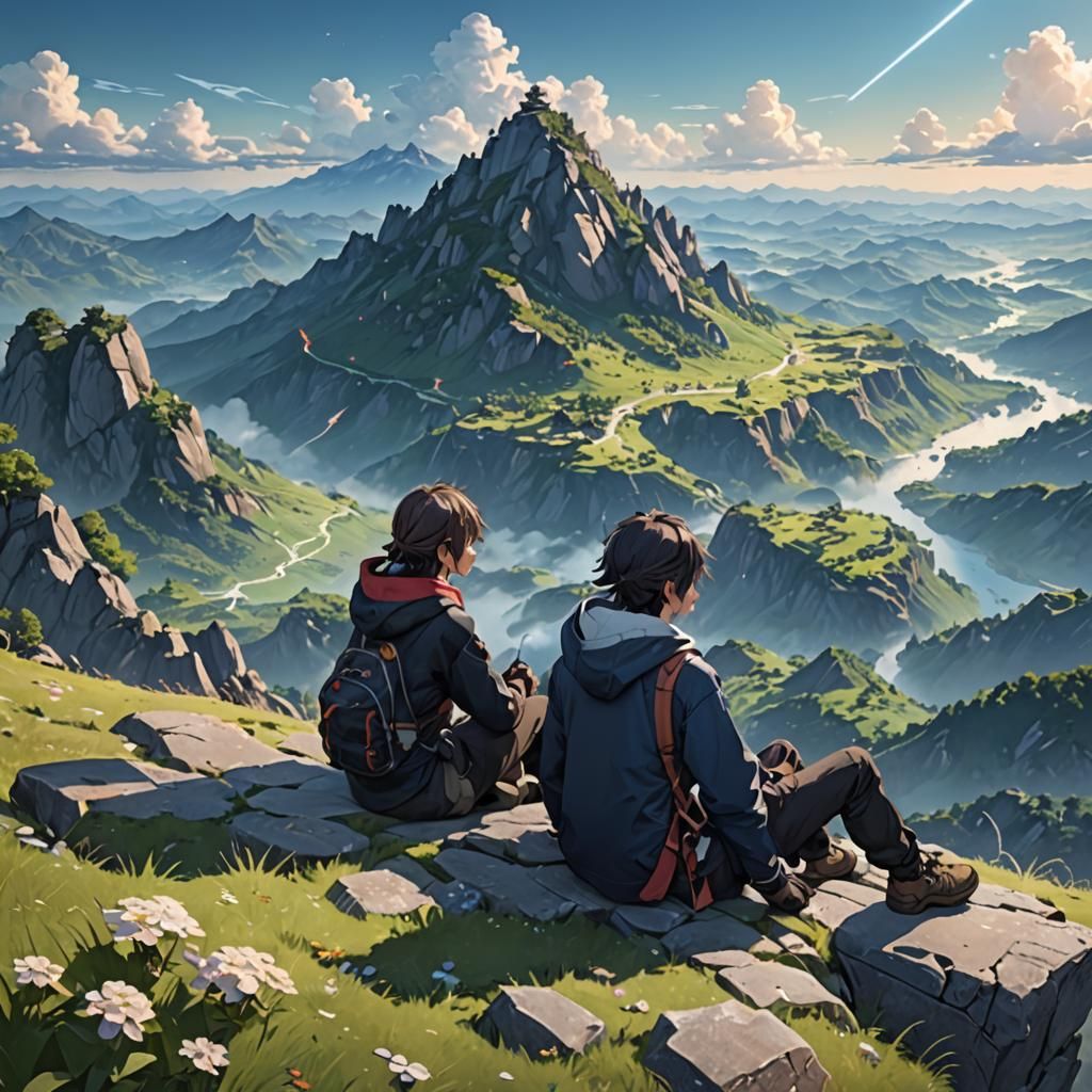 Friends Relaxing on Magical Mountaintop: 3D Anime Art