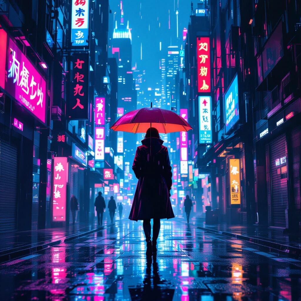 Neon Alleyway with Cyberpunk Anime Reflections