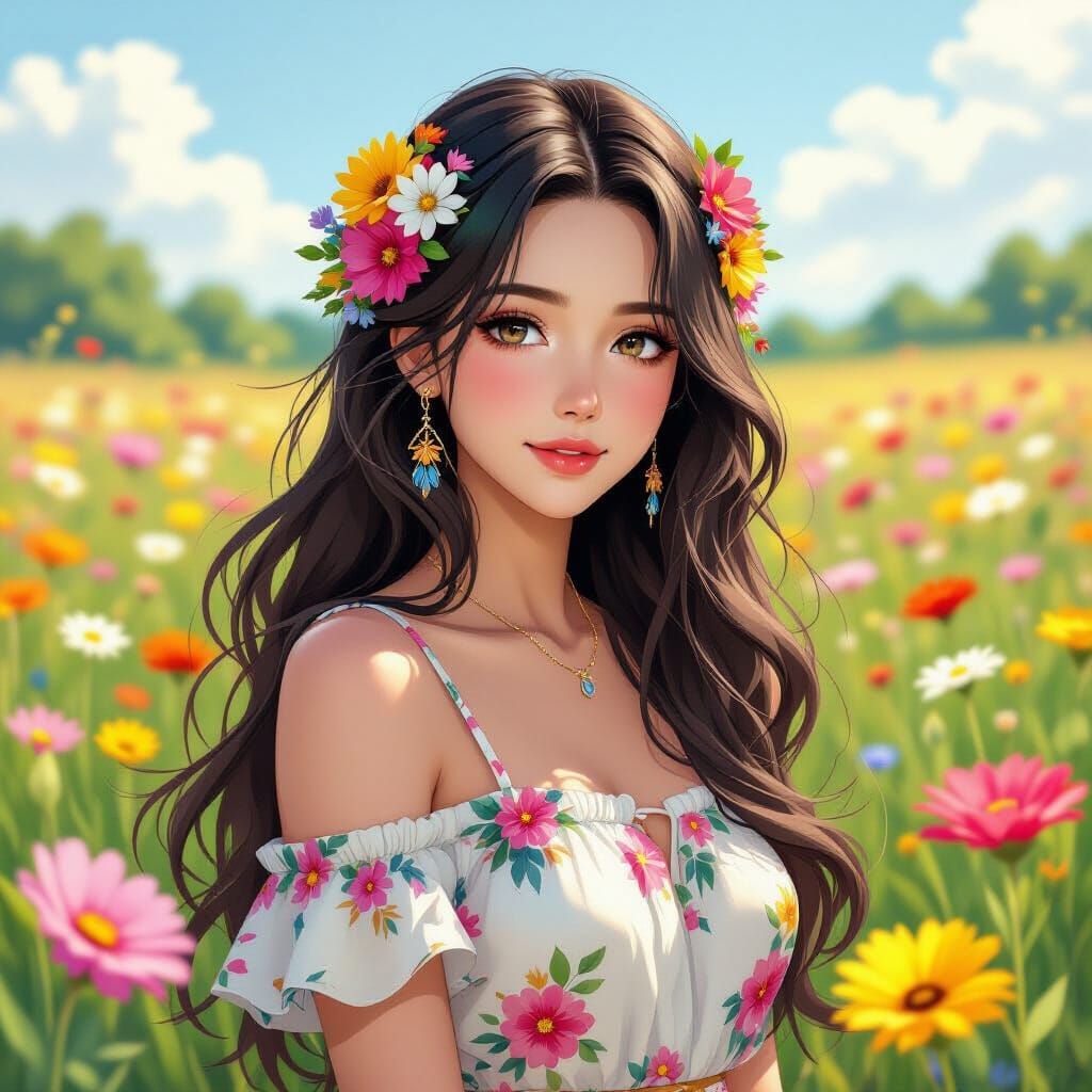 Anime Style Woman in Floral Field