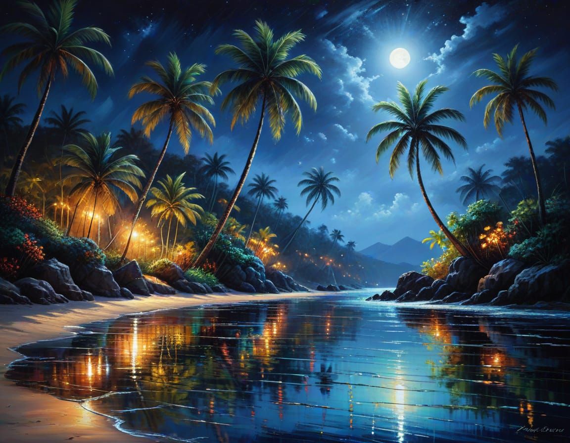 Midnight Cove: A Triadic Color Oil Painting