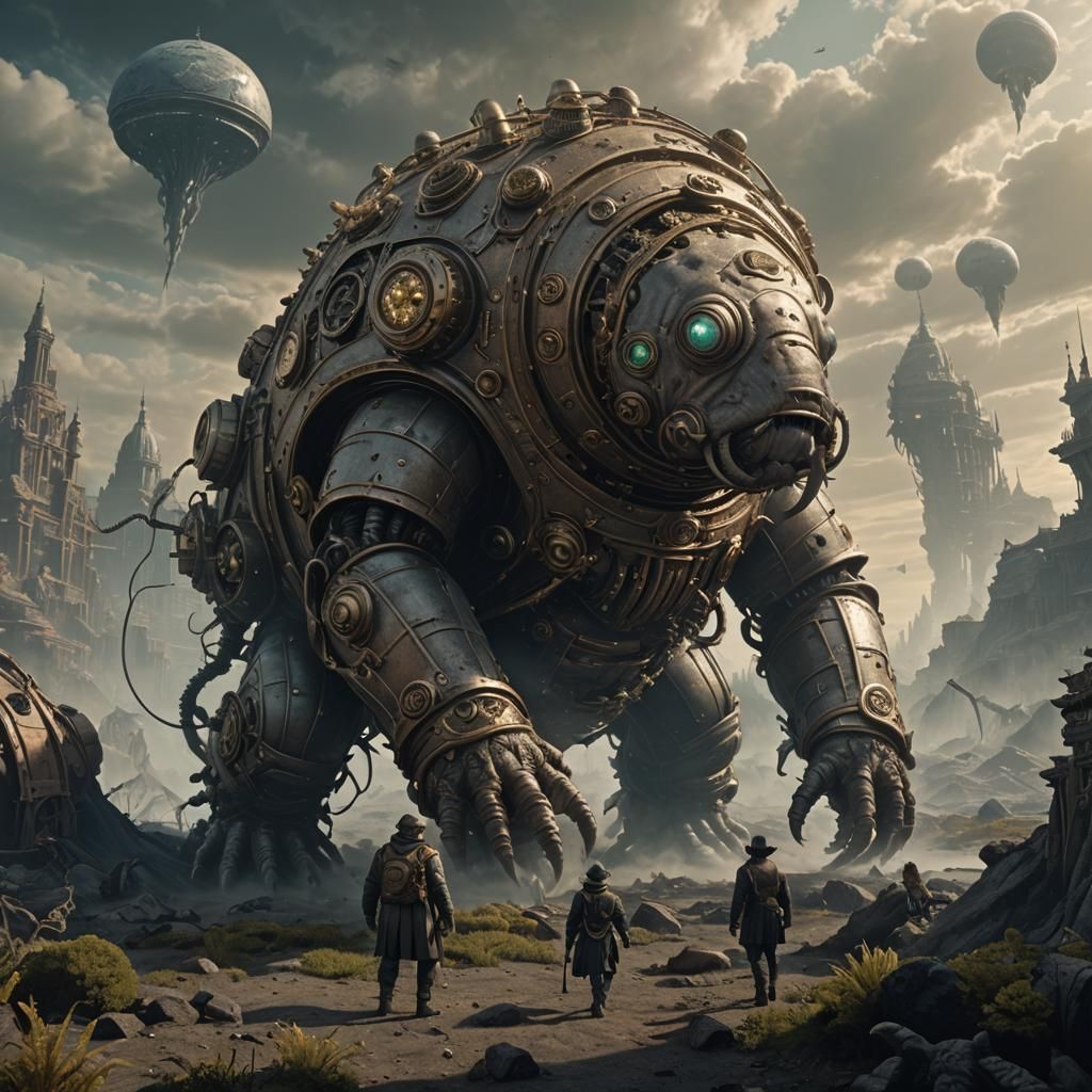 Steampunk Tardigrade Roaming Alien Planet in 3D
