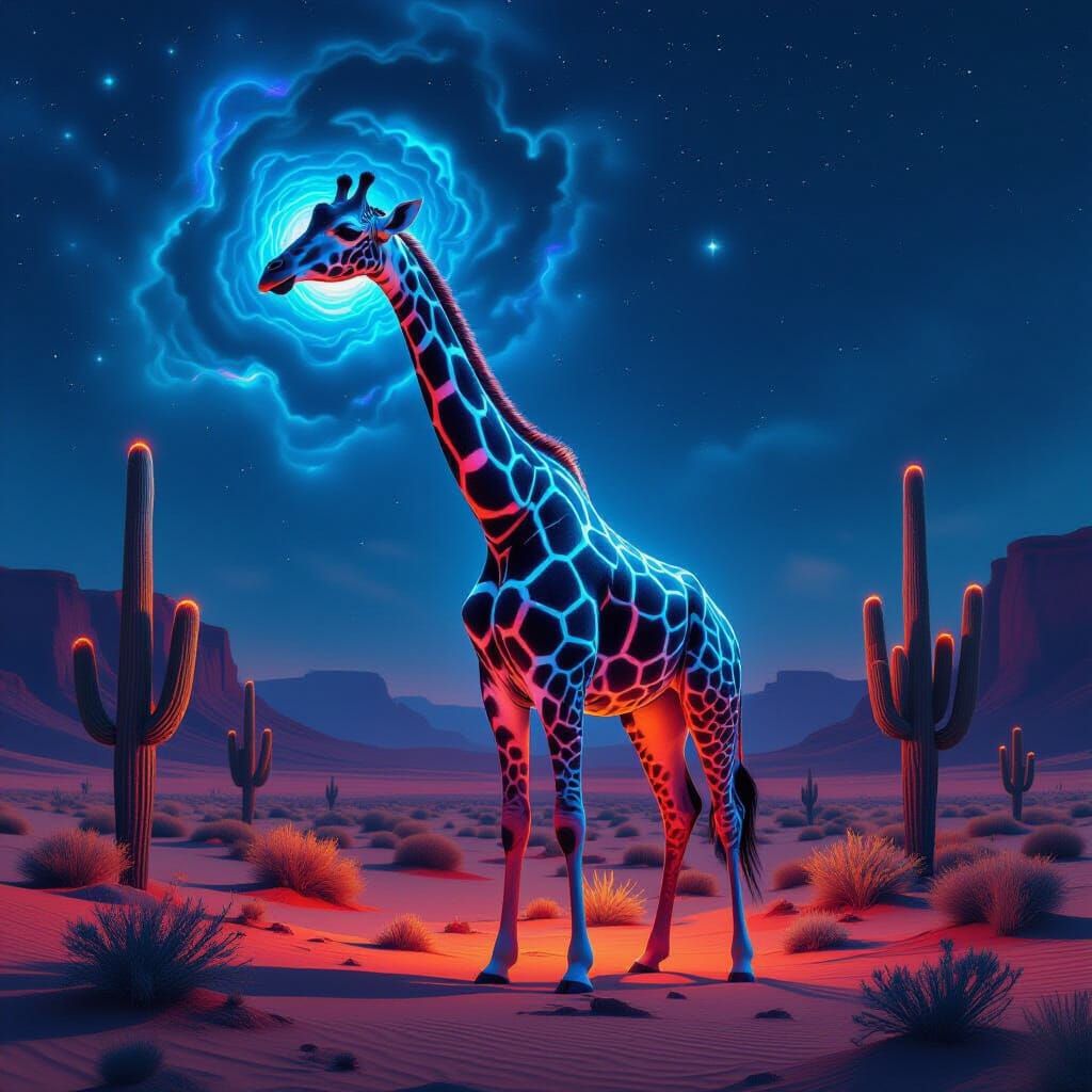 Bioluminescent Giraffe in Alien Desert Landscape