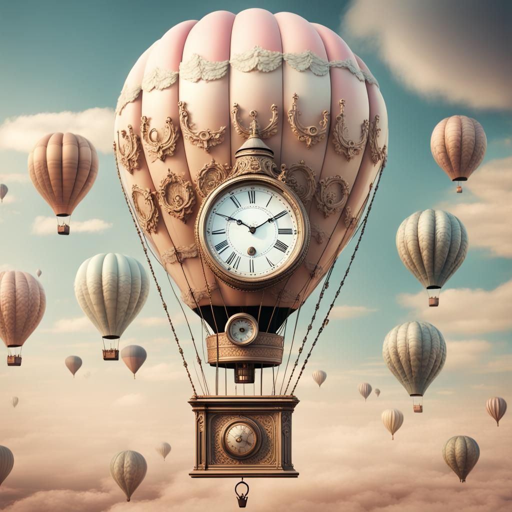 Vintage Clock Hot Air Balloon in Pastel Colors