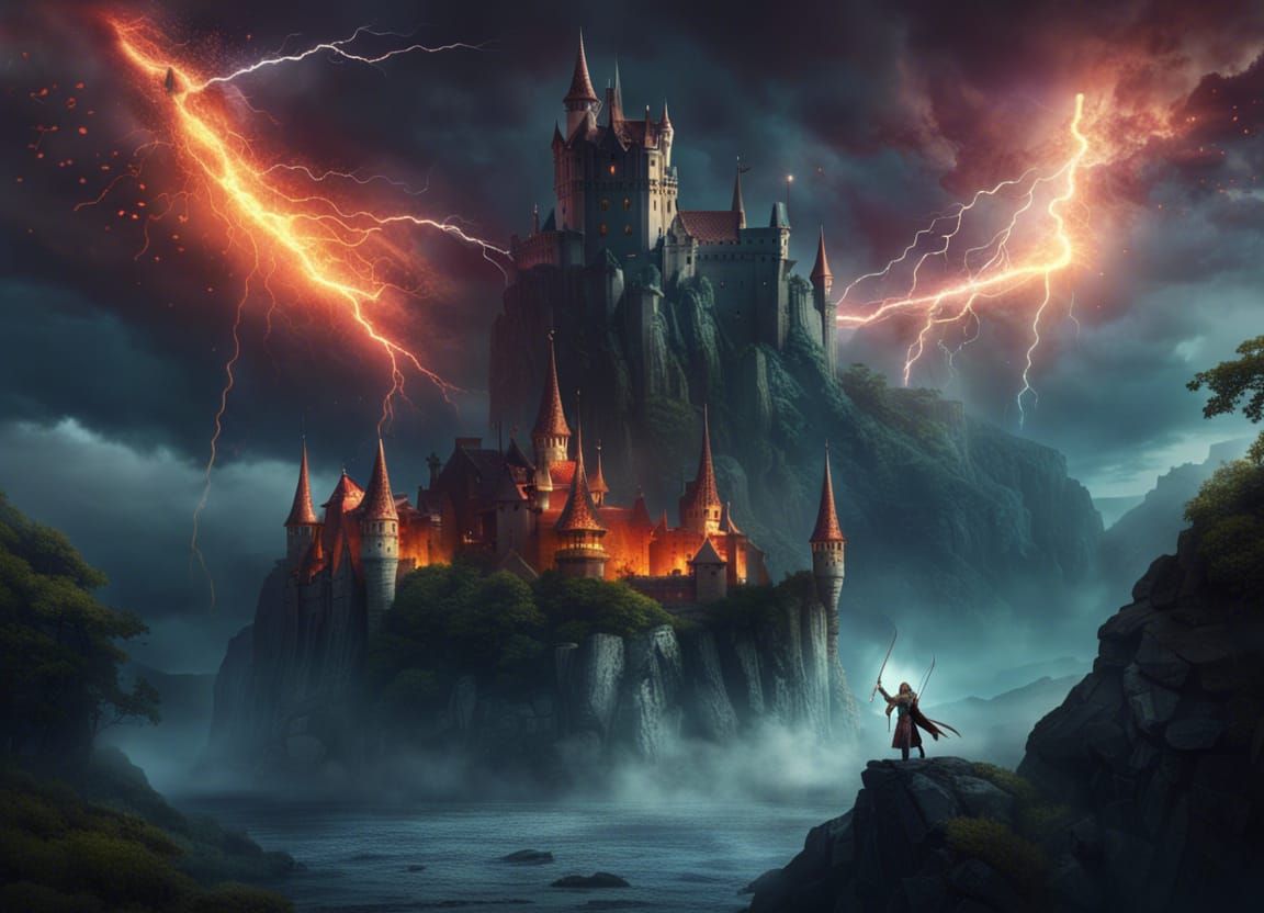 Fiery Sky: Floating Castle Struck by Lightning