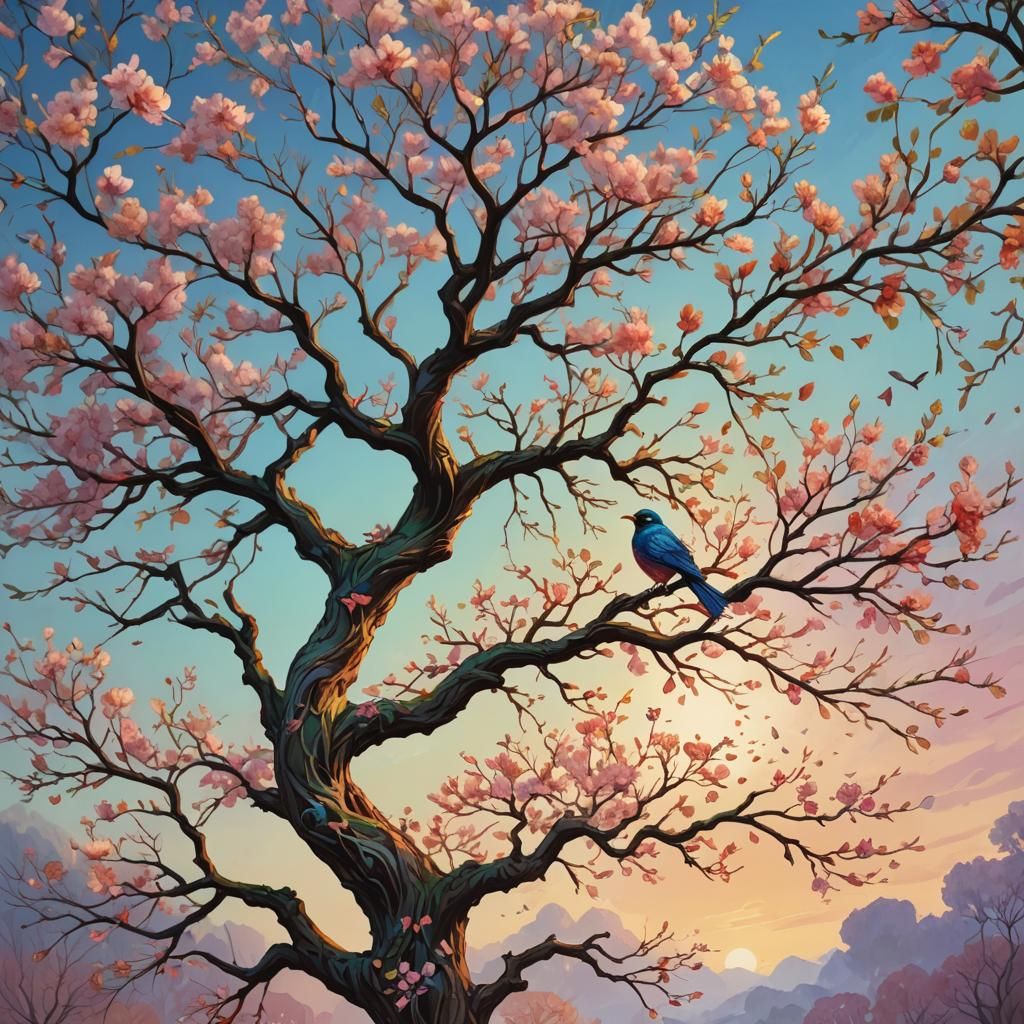 Majestic Spring Tree with Bird in Flight