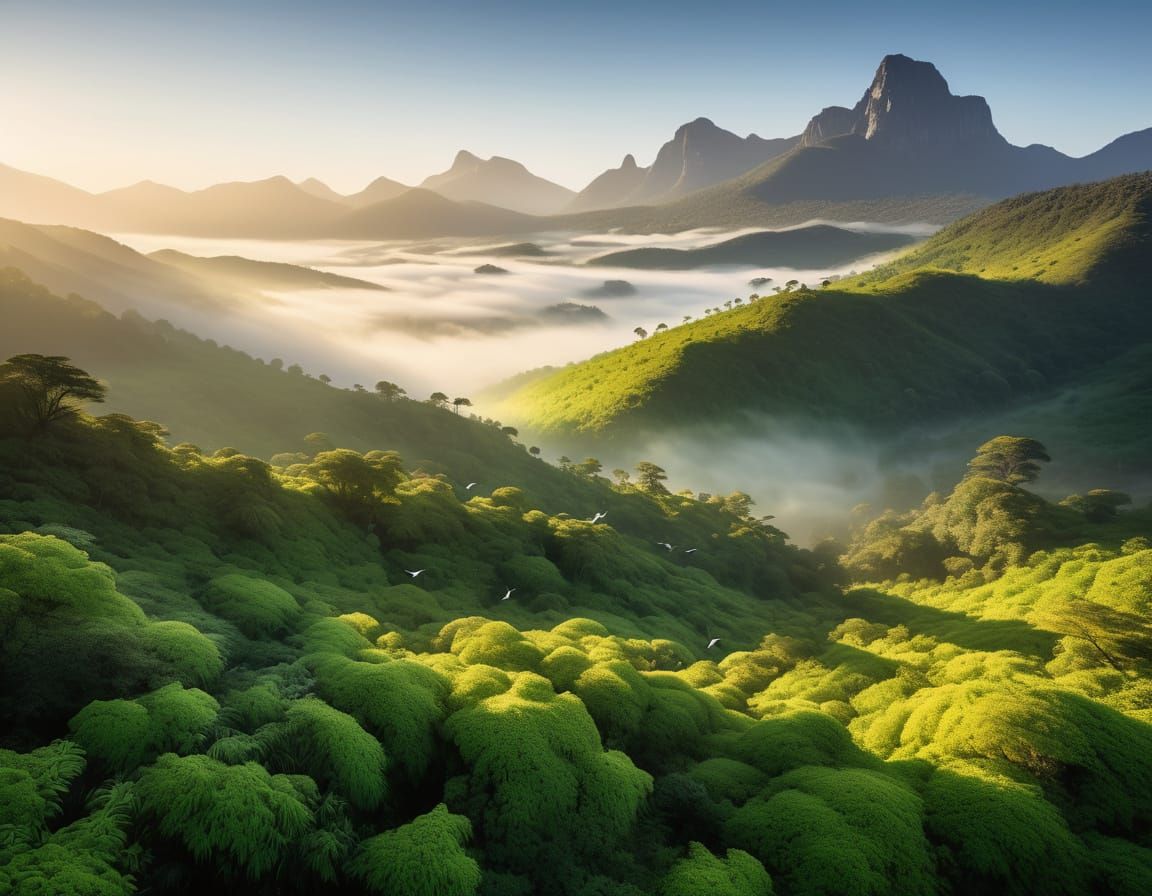 Serene Mountain Sunrise in a Lush Landscape