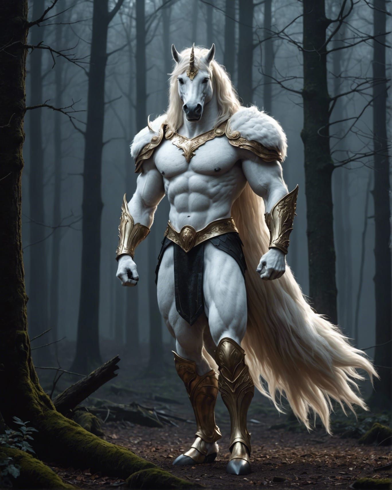 Anthropomorphic Unicorn in Foggy Forest at Night