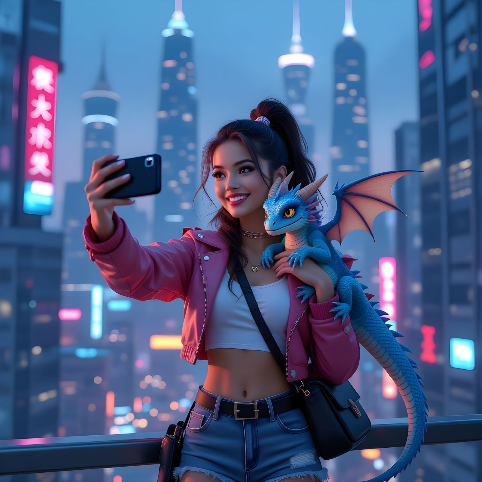 Girl and Blue Dragon Selfie in Modern City