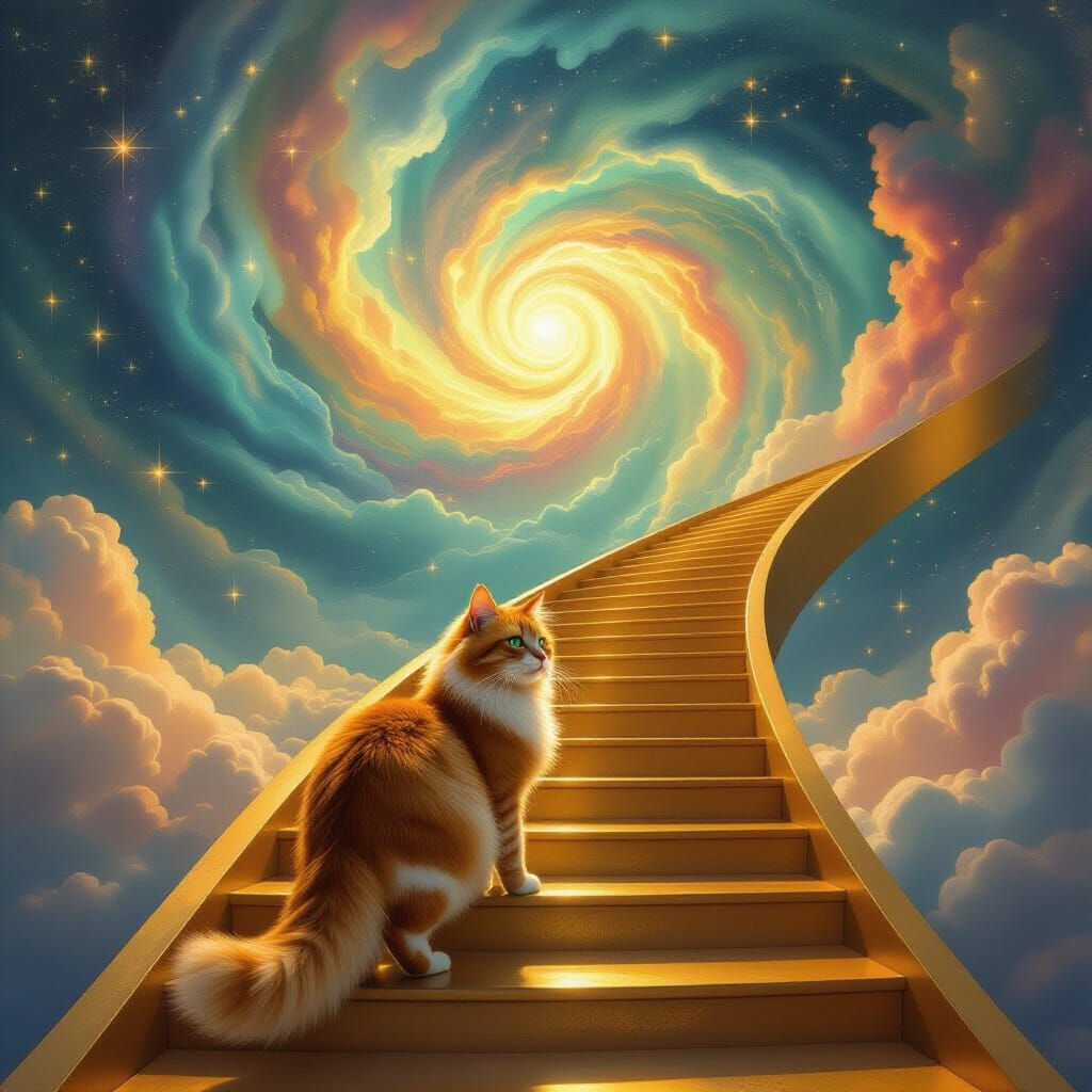 Ginger Cat Ascends Endless Golden Stairway into Nebula
